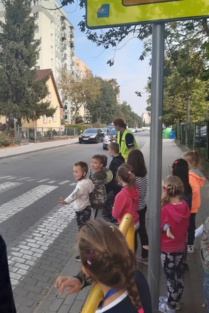 policjantka stoi razem z dziećmi przed przejściem dla pieszych i tłumaczy jak należy się zachować za nim wejdą na pasy
