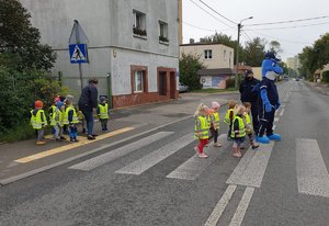 Dzieci wraz z policjantem i polfinkiem przechodzą przez przejście dla pieszych